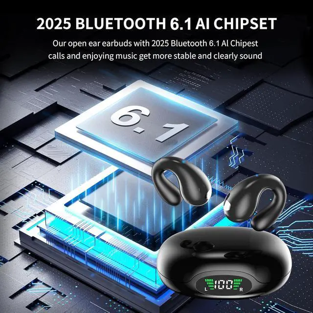 Alt view image 4 of 7 - Open Ear Earbuds Wireless Bluetooth 6.1 Earphones Flexible Clip On Ear buds with 36H Playtime LED Display Bone Conduction Headphones IPX7 Waterproof Light Weight Fit for Every Ear Sport Workout