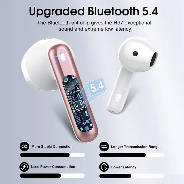 Alt view image 2 of 7 - Wireless Earbuds Bluetooth 5.4 Headphones with 3D Bass Stereo Bluetooth Earbuds with 4 ENC Noise Cancelling Mic 40H Ultralight In-Ear Buds USB-C LED IP7 Waterproof Earphones for Android iOS Rose