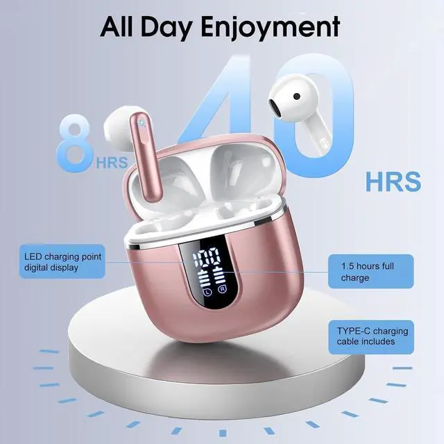 Alt view image 4 of 7 - Wireless Earbuds Bluetooth 5.4 Headphones with 3D Bass Stereo Bluetooth Earbuds with 4 ENC Noise Cancelling Mic 40H Ultralight In-Ear Buds USB-C LED IP7 Waterproof Earphones for Android iOS Rose