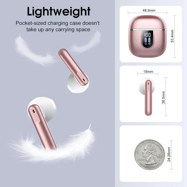 Alt view image 6 of 7 - Wireless Earbuds Bluetooth 5.4 Headphones with 3D Bass Stereo Bluetooth Earbuds with 4 ENC Noise Cancelling Mic 40H Ultralight In-Ear Buds USB-C LED IP7 Waterproof Earphones for Android iOS Rose