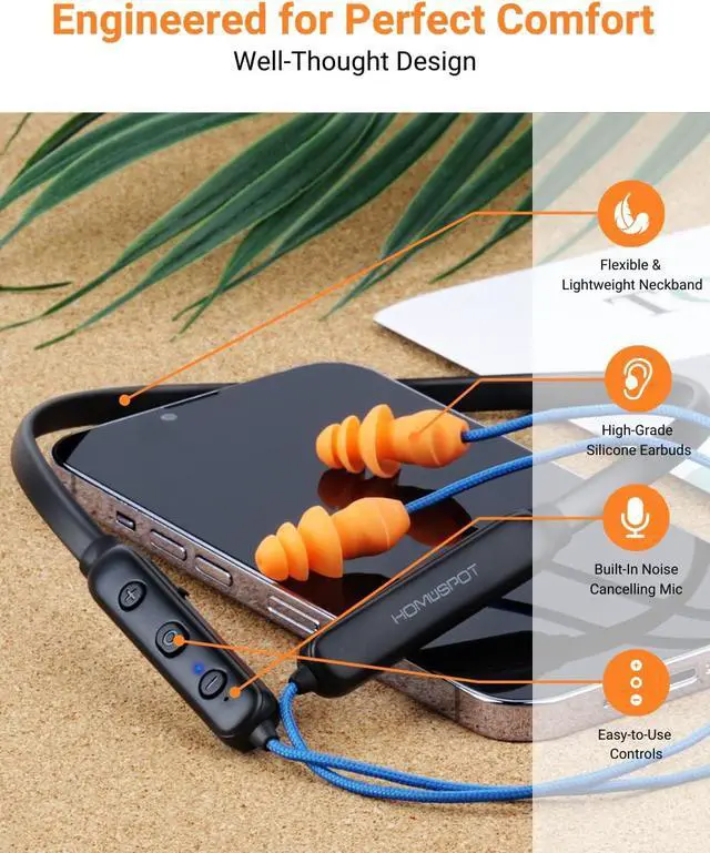 Alt view image 3 of 7 - Noise Reduction Wireless Neckband Headphones with Qualcomm aptX HD 27dB NRR CVC Noise Cancelling Mic & Controls and 20H Playtime for Work Safety OSHA Compliant - Blue Wire Orange Earbuds