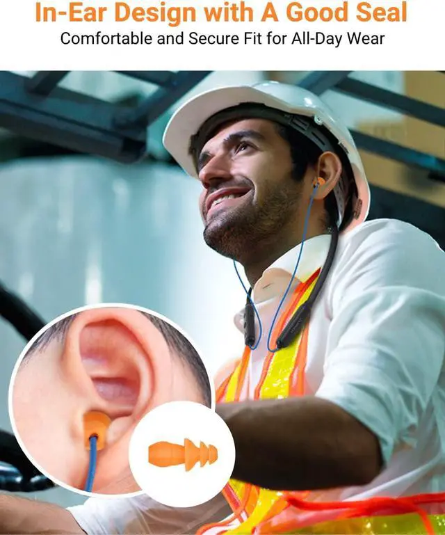 Alt view image 4 of 7 - Noise Reduction Wireless Neckband Headphones with Qualcomm aptX HD 27dB NRR CVC Noise Cancelling Mic & Controls and 20H Playtime for Work Safety OSHA Compliant - Blue Wire Orange Earbuds