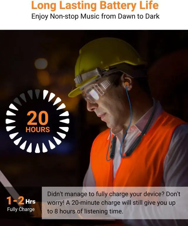 Alt view image 6 of 7 - Noise Reduction Wireless Neckband Headphones with Qualcomm aptX HD 27dB NRR CVC Noise Cancelling Mic & Controls and 20H Playtime for Work Safety OSHA Compliant - Blue Wire Orange Earbuds