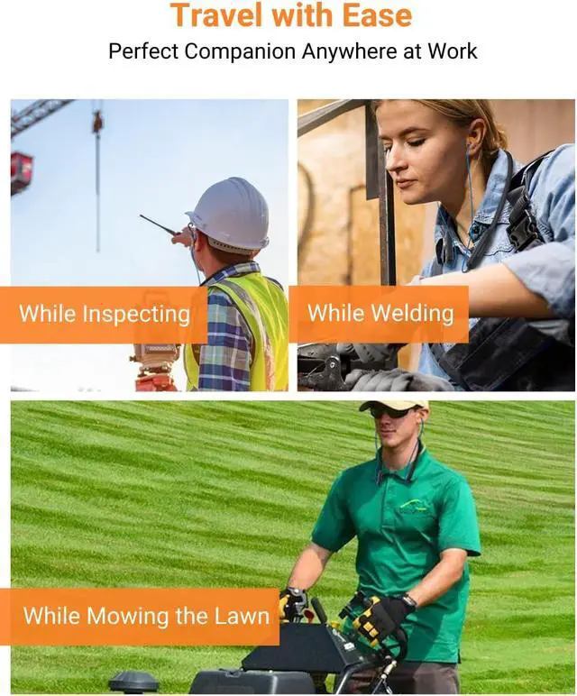 Alt view image 7 of 7 - Noise Reduction Wireless Neckband Headphones with Qualcomm aptX HD 27dB NRR CVC Noise Cancelling Mic & Controls and 20H Playtime for Work Safety OSHA Compliant - Blue Wire Orange Earbuds