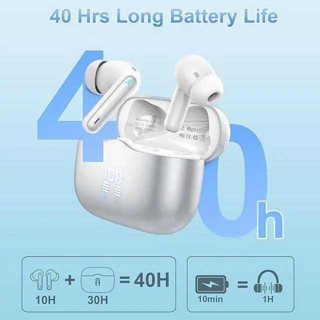 Alt view image 3 of 7 - Wireless Earbud Bluetooth 5.3 Headphones Deep Bass with 4 HD Mics Wireless Headphones in Ear 40H Playtime Bluetooth Earphones with Light Weight IP7 Waterproof Ear Buds for Android IOS Silver