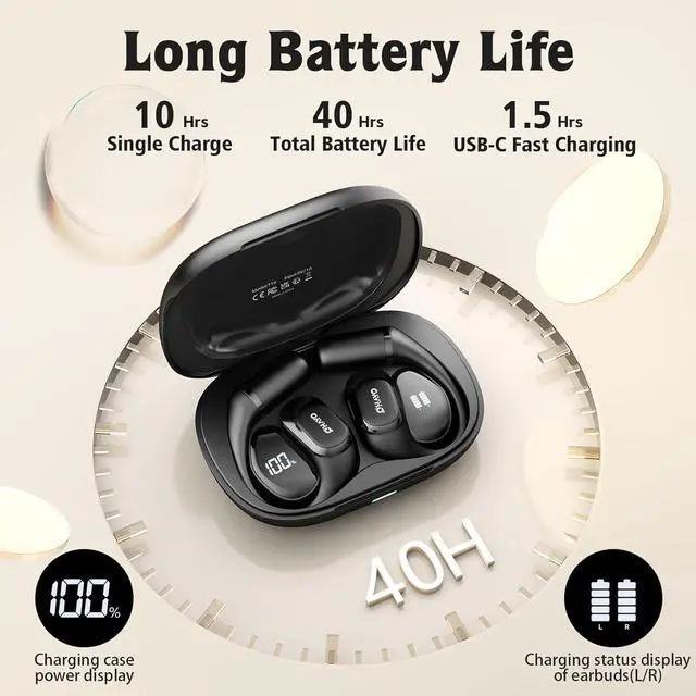 Alt view image 2 of 7 - Open Ear Headphones Over Ear Earbuds with Ergonomic Earhook Bluetooth Headphones 5.4 with Smart Digital Display 40H Playtime IPX6 Waterproof Touch Control Operate Fit Cycling Running Workout(Black)