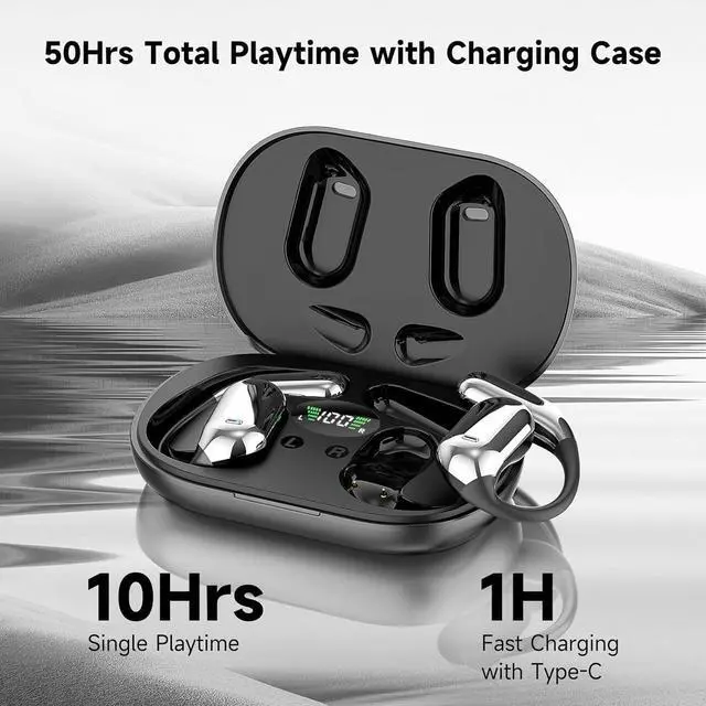 Alt view image 4 of 6 - Open Ear Clip Wireless Earbuds Bone Conduction Headphones Bluetooth 5.4 Open Ear Design for Running Fitness officeBuilt-in Mic IPX7 Waterproof LED Display Charging Case Ear Hooks Ear Buds