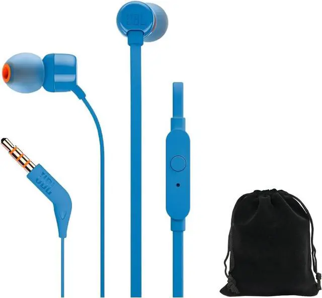 Main image of Tune T160 in-Ear Headphones Pure Bass Sound 1-Button Remote with Microphone Tangle-Free Flat Cable Blue Includes Carrying Pouch TUNET160-Pouch