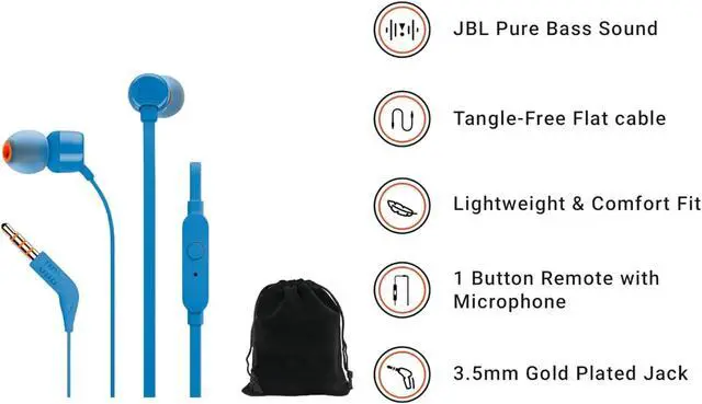 Alt view image 5 of 5 - Tune T160 in-Ear Headphones Pure Bass Sound 1-Button Remote with Microphone Tangle-Free Flat Cable Blue Includes Carrying Pouch TUNET160-Pouch