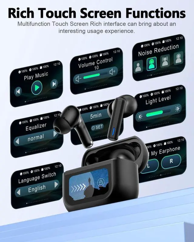 Alt view image 3 of 7 - Wireless Earbuds Bluetooth Headphones ANC/ENC Noise Cancelling Ear Buds with Multifuntional Touch Screen 40H Stereo Sound for Sports IPX7 Clear Calls 5 EQ for iOS Android (Jet Black)