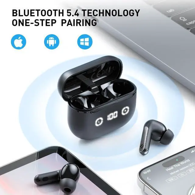Alt view image 7 of 7 - Wireless Earbuds Noise Cancelling Bluetooth 5.4 Headphones with 4 ENC Noise Cancelling Mic 40H Playtime in-Ear Bluetooth Ear Buds 7 Preset EQs via App LED Display
