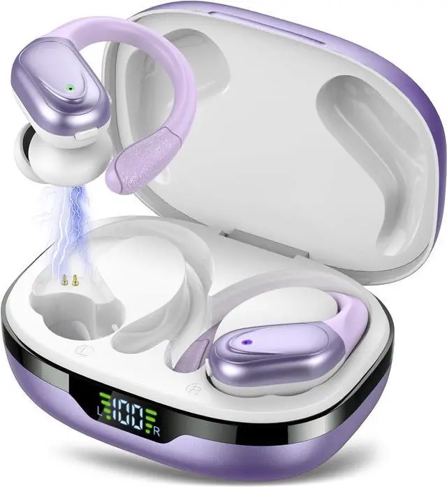 Main image of Ear buds Wireless Earbuds Bluetooth 5.3 Headphones 60hrs Playtime with Digital Display Sports Wireless Headphones with Earhook Deep Bass IPX7 Waterproof Over-Ear Earbuds for Android iOS Workout Purple