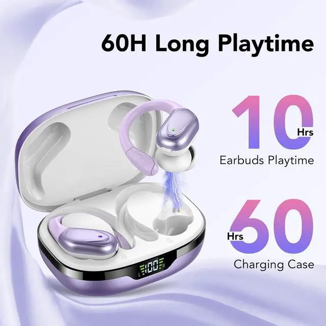 Alt view image 3 of 7 - Ear buds Wireless Earbuds Bluetooth 5.3 Headphones 60hrs Playtime with Digital Display Sports Wireless Headphones with Earhook Deep Bass IPX7 Waterproof Over-Ear Earbuds for Android iOS Workout Purple
