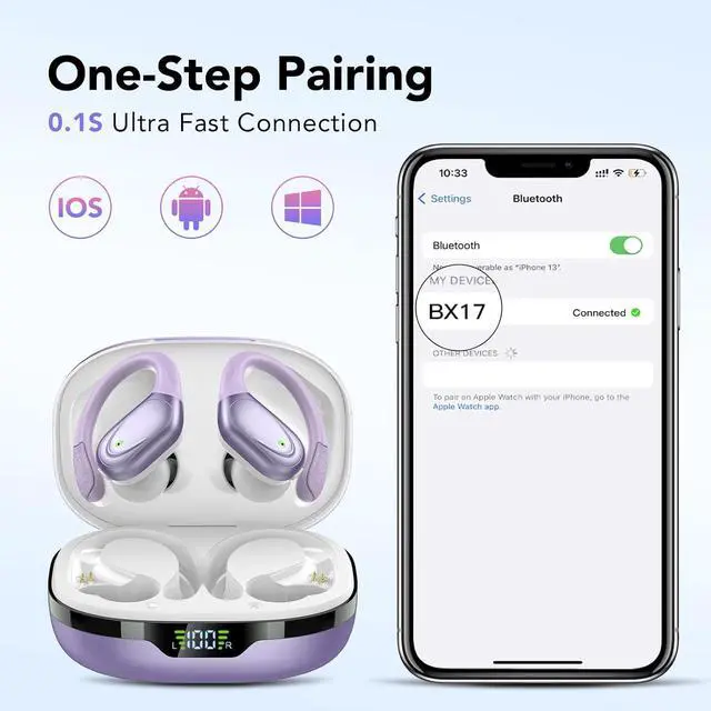 Alt view image 6 of 7 - Ear buds Wireless Earbuds Bluetooth 5.3 Headphones 60hrs Playtime with Digital Display Sports Wireless Headphones with Earhook Deep Bass IPX7 Waterproof Over-Ear Earbuds for Android iOS Workout Purple