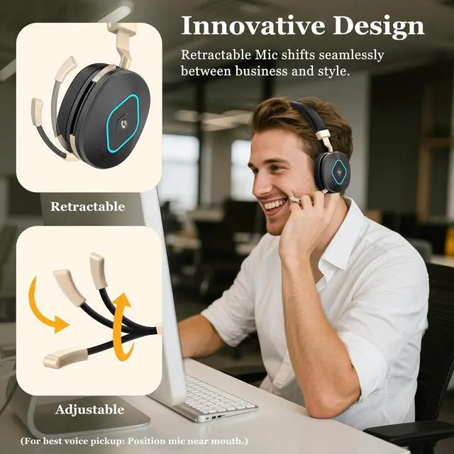 Alt view image 2 of 7 - Wireless Headset with Mic for Work Bluetooth Headphones with Microphone Hybrid Mode Wireless/Wired Dual AI Noise Cancellation Retractable Boom Mic USB Dongle & Mute for Home/Office/PC/Cell Phones