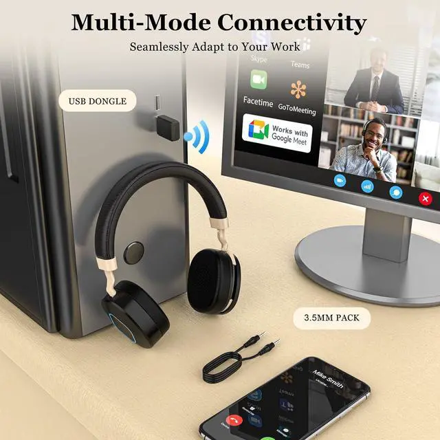 Alt view image 4 of 7 - Wireless Headset with Mic for Work Bluetooth Headphones with Microphone Hybrid Mode Wireless/Wired Dual AI Noise Cancellation Retractable Boom Mic USB Dongle & Mute for Home/Office/PC/Cell Phones