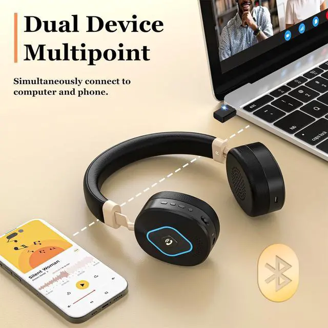 Alt view image 5 of 7 - Wireless Headset with Mic for Work Bluetooth Headphones with Microphone Hybrid Mode Wireless/Wired Dual AI Noise Cancellation Retractable Boom Mic USB Dongle & Mute for Home/Office/PC/Cell Phones