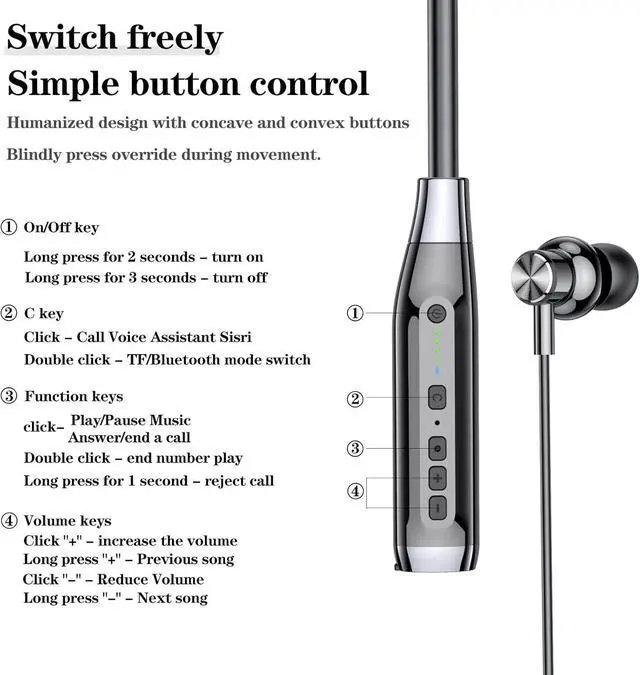 Alt view image 5 of 7 - Wireless Bluetooth 5.0 Neck Earbuds with 100 Hours of Playback IPX5 Waterproof Sports Earphones with Microphone Magnetic TF Card Slot for Gym Running Exercises (A12)