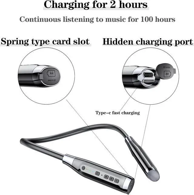 Alt view image 6 of 7 - Wireless Bluetooth 5.0 Neck Earbuds with 100 Hours of Playback IPX5 Waterproof Sports Earphones with Microphone Magnetic TF Card Slot for Gym Running Exercises (A12)