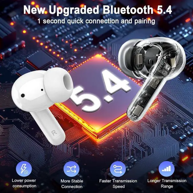 Alt view image 2 of 7 - Wireless Earbuds 2025 Bluetooth 5.4 Headphones 3D Stereo Hi-Fi Bass Ear Buds 4 ENC Noise Cancelling Mic 40+Hrs USB-C in-Ear Earphone Sport IP-X7 Waterproof Workout Gym for Android iOS Laptop Pad