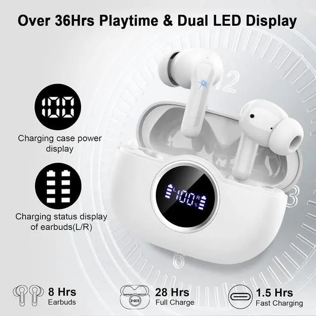Alt view image 5 of 7 - Wireless Earbuds 2025 Bluetooth 5.4 Headphones 3D Stereo Hi-Fi Bass Ear Buds 4 ENC Noise Cancelling Mic 40+Hrs USB-C in-Ear Earphone Sport IP-X7 Waterproof Workout Gym for Android iOS Laptop Pad