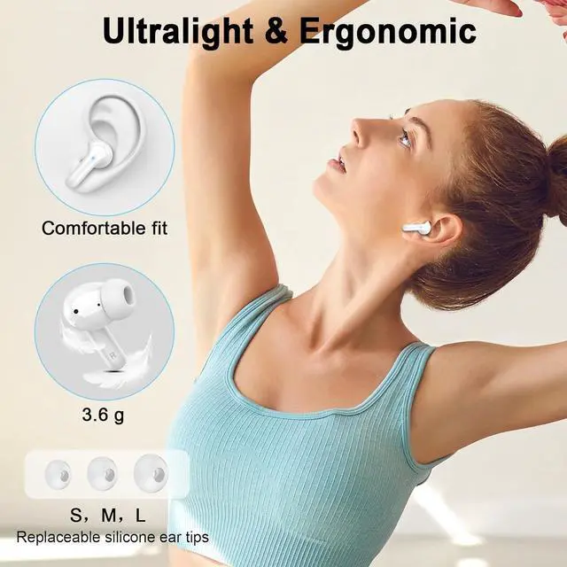 Alt view image 6 of 7 - Wireless Earbuds 2025 Bluetooth 5.4 Headphones 3D Stereo Hi-Fi Bass Ear Buds 4 ENC Noise Cancelling Mic 40+Hrs USB-C in-Ear Earphone Sport IP-X7 Waterproof Workout Gym for Android iOS Laptop Pad