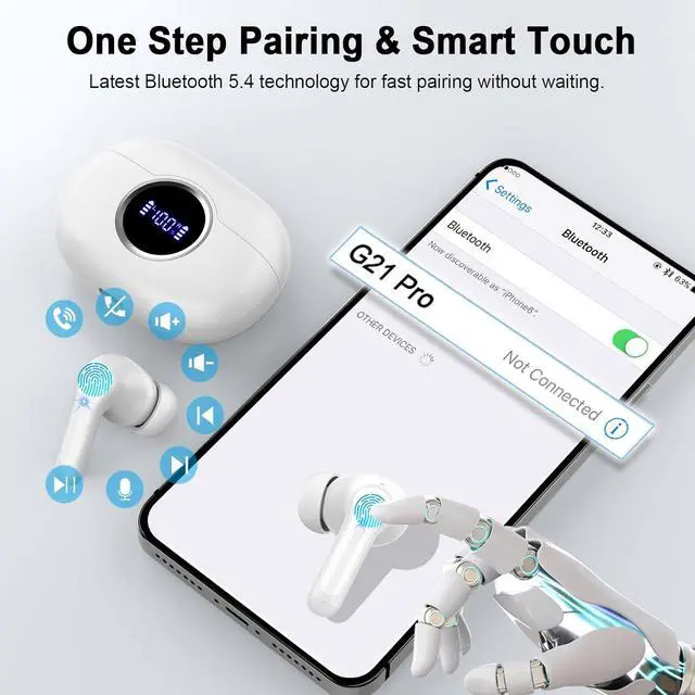 Alt view image 7 of 7 - Wireless Earbuds 2025 Bluetooth 5.4 Headphones 3D Stereo Hi-Fi Bass Ear Buds 4 ENC Noise Cancelling Mic 40+Hrs USB-C in-Ear Earphone Sport IP-X7 Waterproof Workout Gym for Android iOS Laptop Pad