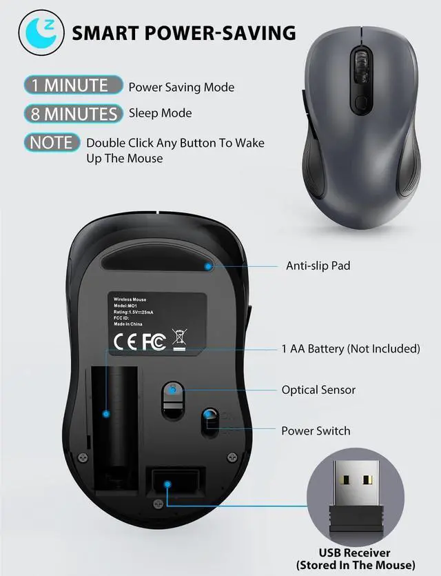 Alt view image 3 of 7 - Wireless Mouse for Laptop 2.4GHz Ergonomic Computer Mouse with Back & Forward Buttons 3 Adjustable DPI Levels 6 Buttons Optical USB Cordless Mice for Windows PC (Gray 1 Pack)