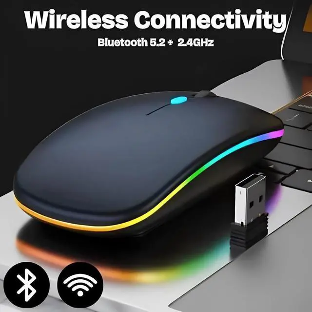 Alt view image 2 of 7 - Wireless Bluetooth Magic Mouse - Rechargeable Slim RGB Backlight 2.4GHz Type-C Nano USB Receiver Dual Mode Connection for Laptop/PC/Mac/iPad/Computer (Onyx Black)