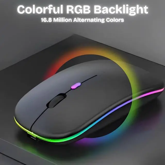 Alt view image 4 of 7 - Wireless Bluetooth Magic Mouse - Rechargeable Slim RGB Backlight 2.4GHz Type-C Nano USB Receiver Dual Mode Connection for Laptop/PC/Mac/iPad/Computer (Onyx Black)