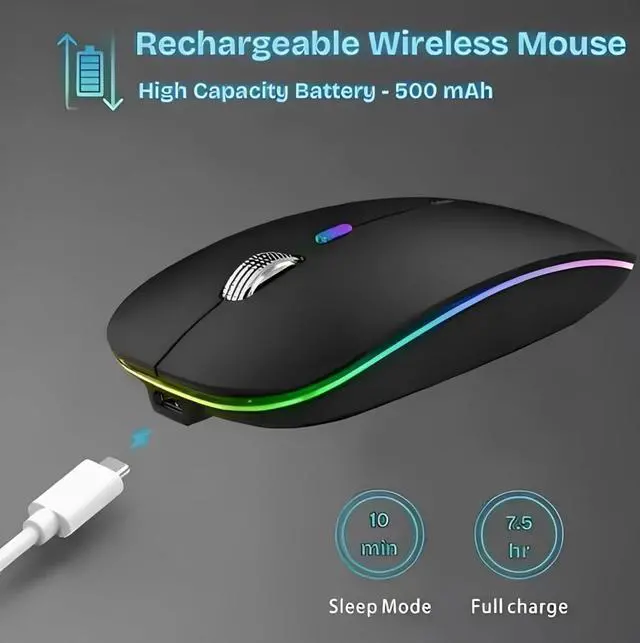 Alt view image 7 of 7 - Wireless Bluetooth Magic Mouse - Rechargeable Slim RGB Backlight 2.4GHz Type-C Nano USB Receiver Dual Mode Connection for Laptop/PC/Mac/iPad/Computer (Onyx Black)
