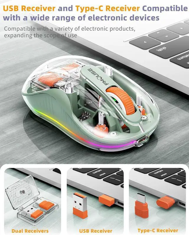 Alt view image 4 of 7 - Bluetooth Wireless Mouse Transparent RGB Tri-Modes Mouse Bluetooth & 2.4GHz for Multi Device USB-C Receiver Ideal for MacBook/Laptops Rechargeable Silent Portable Cool LED Ergonomic - Green
