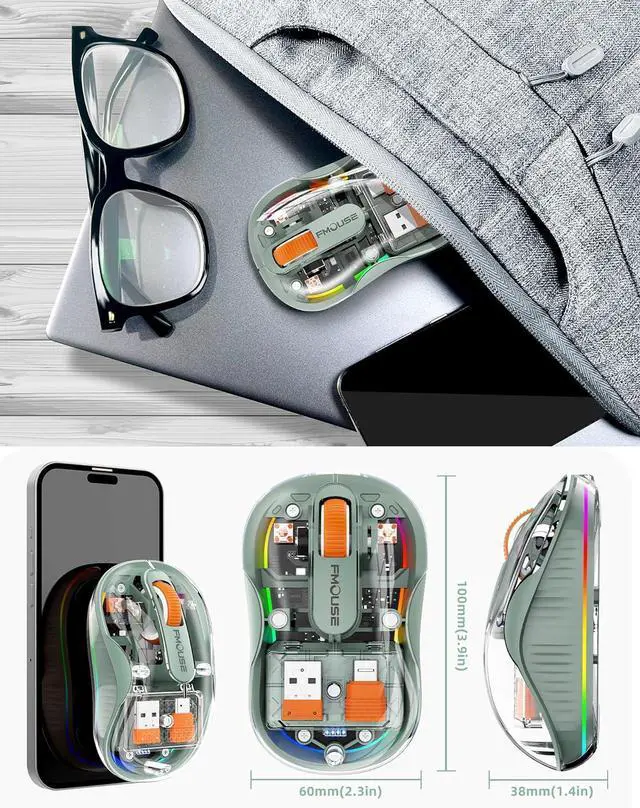 Alt view image 7 of 7 - Bluetooth Wireless Mouse Transparent RGB Tri-Modes Mouse Bluetooth & 2.4GHz for Multi Device USB-C Receiver Ideal for MacBook/Laptops Rechargeable Silent Portable Cool LED Ergonomic - Green