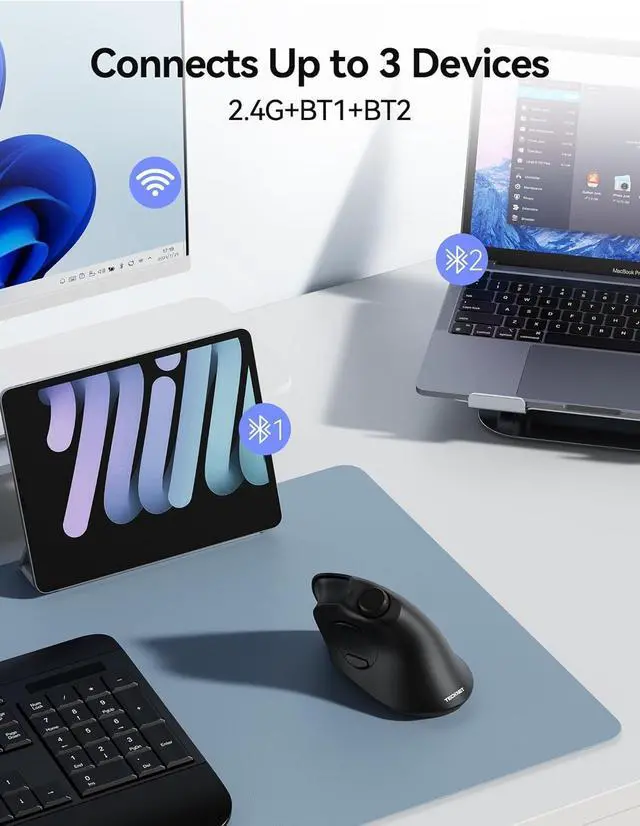 Alt view image 3 of 7 - Ergonomic Mouse Rechargeable Wireless Bluetooth Mouse (BT 5.0/5.0+2.4G) Vertical Mouse with Volume Knob Quiet Clicks Cordless Mice 6 Adjustable DPI with USB A Receiver Wide Compatibility