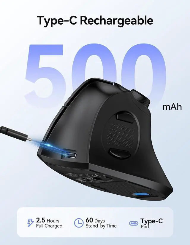 Alt view image 4 of 7 - Ergonomic Mouse Rechargeable Wireless Bluetooth Mouse (BT 5.0/5.0+2.4G) Vertical Mouse with Volume Knob Quiet Clicks Cordless Mice 6 Adjustable DPI with USB A Receiver Wide Compatibility