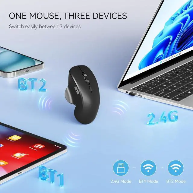 Alt view image 4 of 7 - Mini Wireless Bluetooth Mouse for Travel Silent Rechargeable Computer Mouse for Laptop Small Portable BT5.1/5.0 & 2.4Ghz with USB Receiver and Type C Adapter - Black