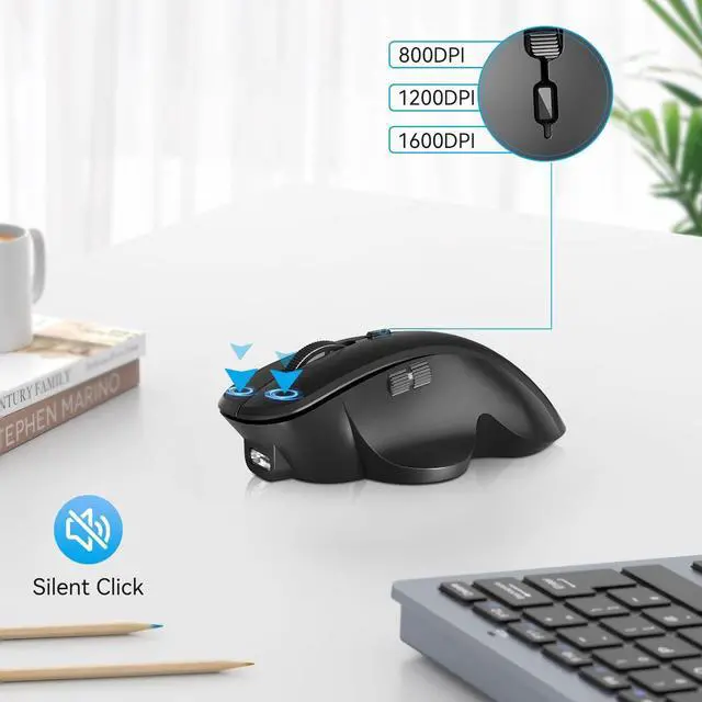 Alt view image 5 of 7 - Mini Wireless Bluetooth Mouse for Travel Silent Rechargeable Computer Mouse for Laptop Small Portable BT5.1/5.0 & 2.4Ghz with USB Receiver and Type C Adapter - Black