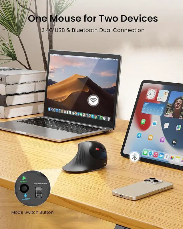 Alt view image 4 of 7 - Ergonomic Vertical Mouse with Jiggler - Bluetooth + 2.4G USB Multi Device Wireless Ergo Mice Jiggler Mouse Mover for Laptop/PC/Notebook Computer Mice for Windows Mac OS (Black)