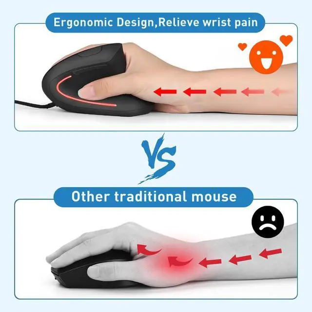 Alt view image 2 of 6 - Wired Ergonomic Mouse USB Wired Vertical Mouse with 800/1200/1600 Adjustable DPI 6 Buttons Ergonomic Mouse for Laptop/PC/Desktop-Black