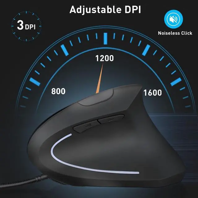 Alt view image 3 of 6 - Wired Ergonomic Mouse USB Wired Vertical Mouse with 800/1200/1600 Adjustable DPI 6 Buttons Ergonomic Mouse for Laptop/PC/Desktop-Black