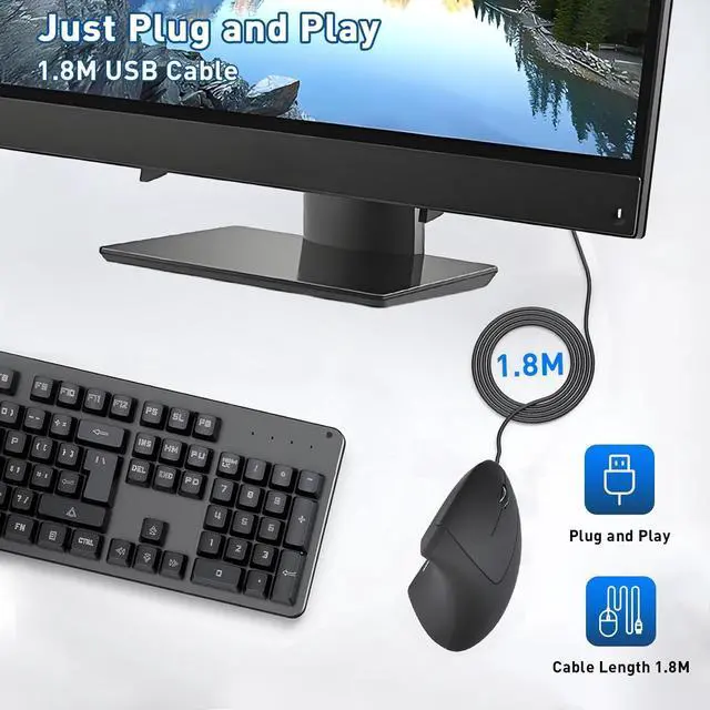 Alt view image 4 of 6 - Wired Ergonomic Mouse USB Wired Vertical Mouse with 800/1200/1600 Adjustable DPI 6 Buttons Ergonomic Mouse for Laptop/PC/Desktop-Black