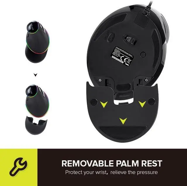 Alt view image 4 of 7 - Ergonomic Mouse Wired Large RGB Vertical Mouse with 6 Buttons 4000DPI Removable Wrist Rest for Carpal Tunnel (M618Plus RGB-Wired)