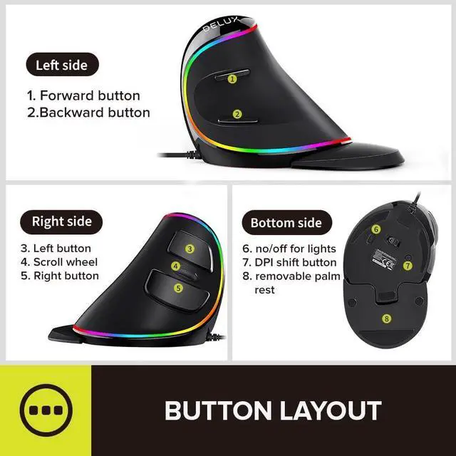 Alt view image 6 of 7 - Ergonomic Mouse Wired Large RGB Vertical Mouse with 6 Buttons 4000DPI Removable Wrist Rest for Carpal Tunnel (M618Plus RGB-Wired)