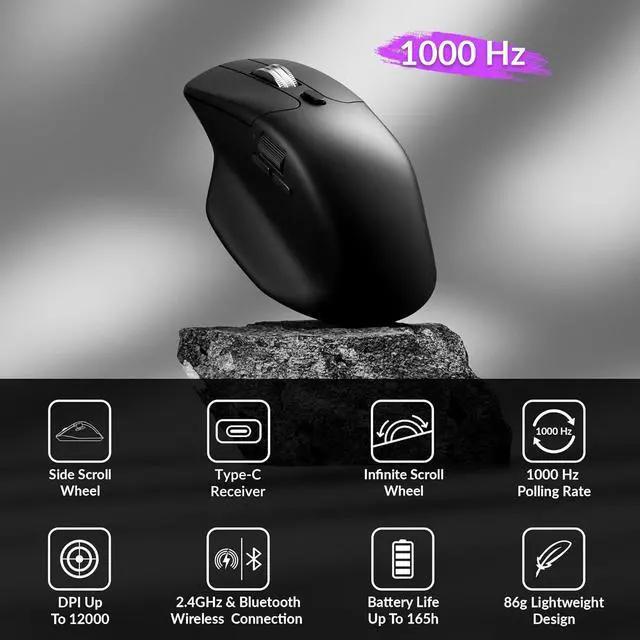 Alt view image 2 of 7 - M6 Silent Wireless Gaming Mouse 1000Hz Polling Bluetooth 5.3/2.4GHz/Wired PixArt 3311 Optical Sensor up to 12 000 DPI Lightweight 86g Programmable for Windows/Mac/Linux  Black