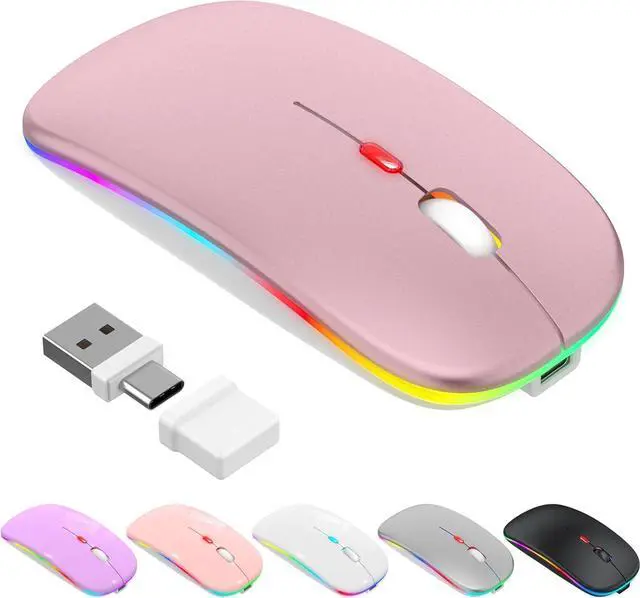 Main image of LED Bluetooth Wireless Mouse for MacBook Air Mac Pro Laptop iPad Rechargeable Silent Light-Up Optical Mouse with Jiggler Dual Mode BT5.2 & USB-A/USB-C for Students Kids Girls Boys  Rose Gold