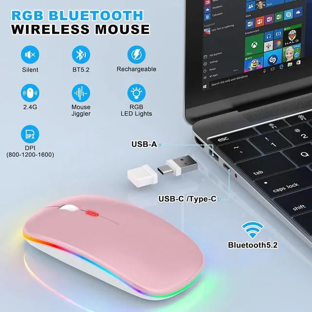 Alt view image 2 of 7 - LED Bluetooth Wireless Mouse for MacBook Air Mac Pro Laptop iPad Rechargeable Silent Light-Up Optical Mouse with Jiggler Dual Mode BT5.2 & USB-A/USB-C for Students Kids Girls Boys  Rose Gold