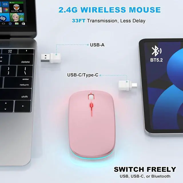 Alt view image 3 of 7 - LED Bluetooth Wireless Mouse for MacBook Air Mac Pro Laptop iPad Rechargeable Silent Light-Up Optical Mouse with Jiggler Dual Mode BT5.2 & USB-A/USB-C for Students Kids Girls Boys  Rose Gold