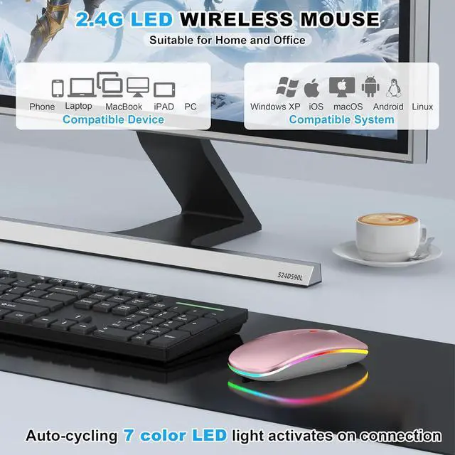 Alt view image 5 of 7 - LED Bluetooth Wireless Mouse for MacBook Air Mac Pro Laptop iPad Rechargeable Silent Light-Up Optical Mouse with Jiggler Dual Mode BT5.2 & USB-A/USB-C for Students Kids Girls Boys  Rose Gold