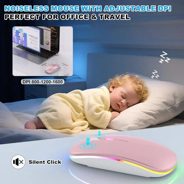 Alt view image 6 of 7 - LED Bluetooth Wireless Mouse for MacBook Air Mac Pro Laptop iPad Rechargeable Silent Light-Up Optical Mouse with Jiggler Dual Mode BT5.2 & USB-A/USB-C for Students Kids Girls Boys  Rose Gold