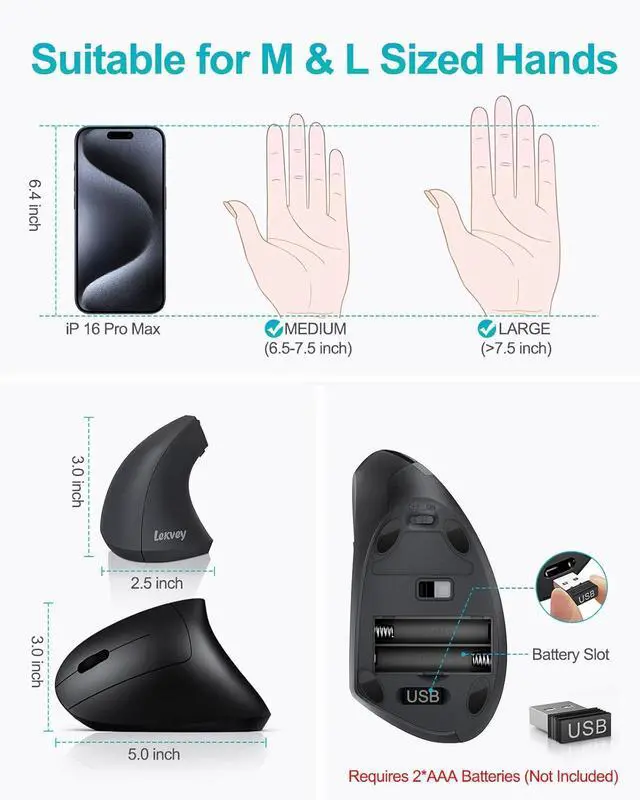 Alt view image 7 of 7 - Left Handed Ergonomic Mouse Vertical Wireless Mouse for Left Hand 2.4G USB Carpal Tunnel Lefty Mouse 3 Adjustable DPI 6 Buttons for Laptop PC Computer Mac Windows Desktop - Black